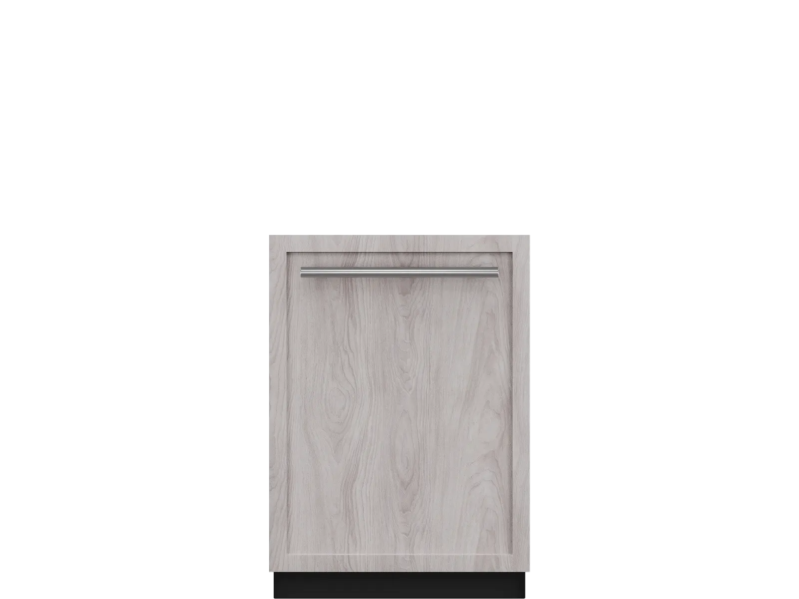 A Thermador 24-inch, panel-ready dishwasher with a light-wood custom panel and a stainless steel handle.