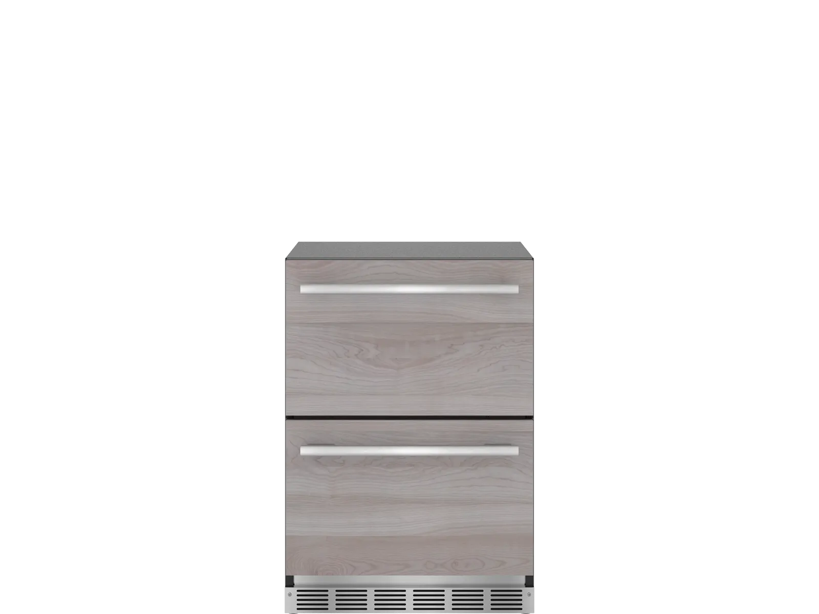 A Thermador 24-inch, panel-ready, under-counter refrigerator with two drawers, light-wood custom panels, and stainless steel handles.