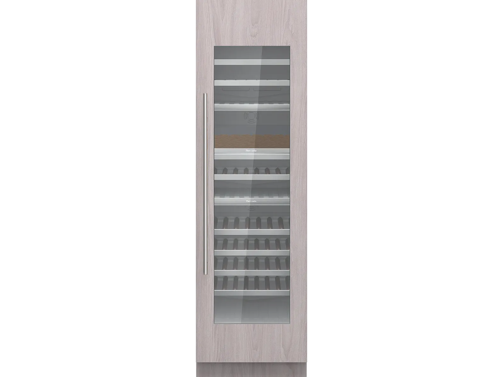 A Thermador 24-inch, panel-ready wine column with a glass door, a light-wood custom panel frame, and a long, stainless steel handle on the left.