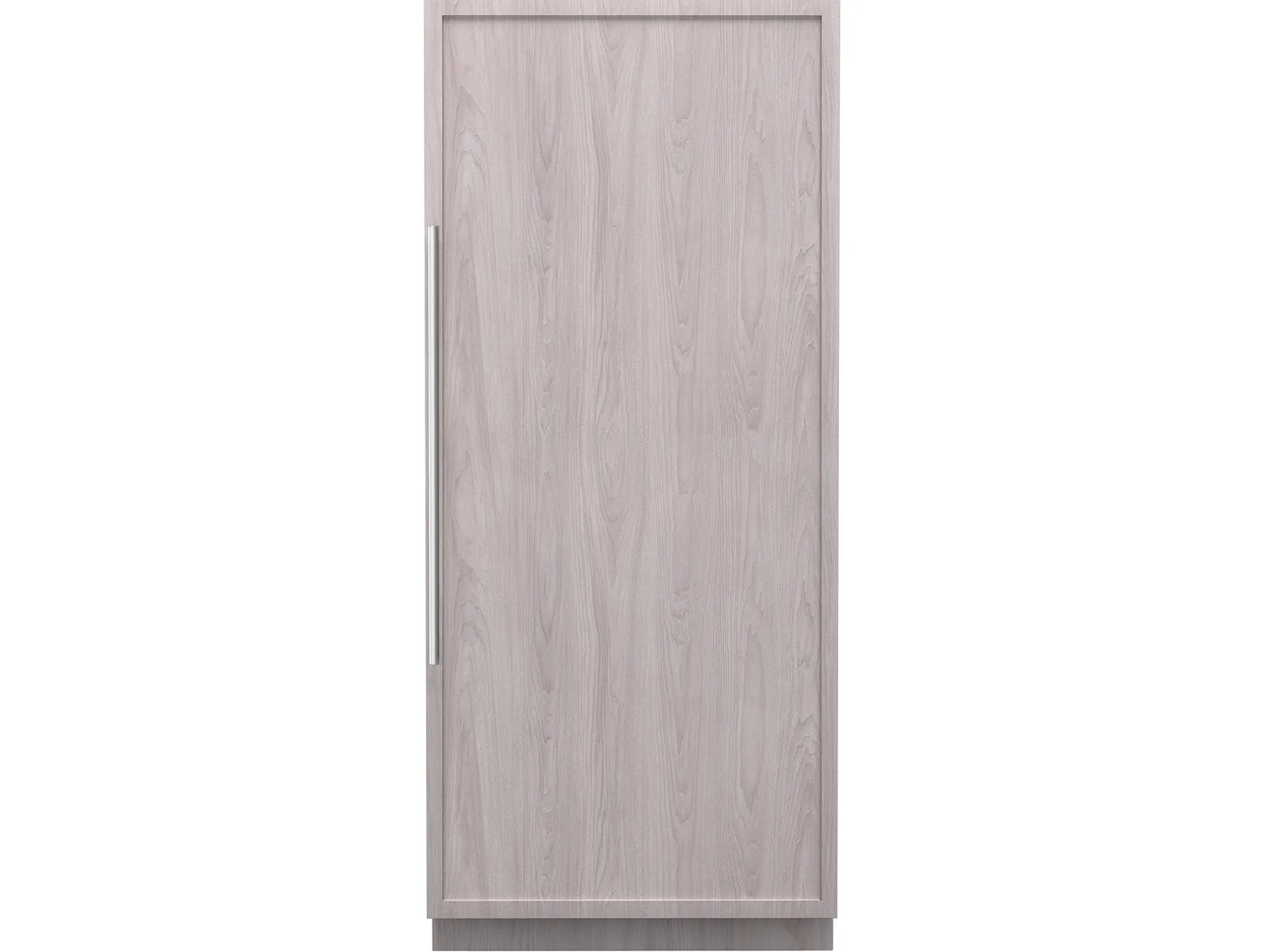 A Thermador 36-inch, panel-ready refrigerator column with a single, light-wood custom panel and a long, stainless steel handle on the left.