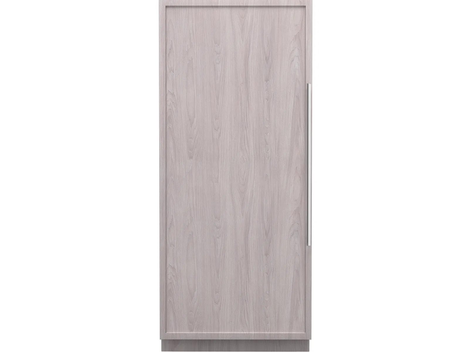 A Thermador 36-inch, panel-ready freezer column with a light-wood custom panel and a long, stainless steel handle on the right.