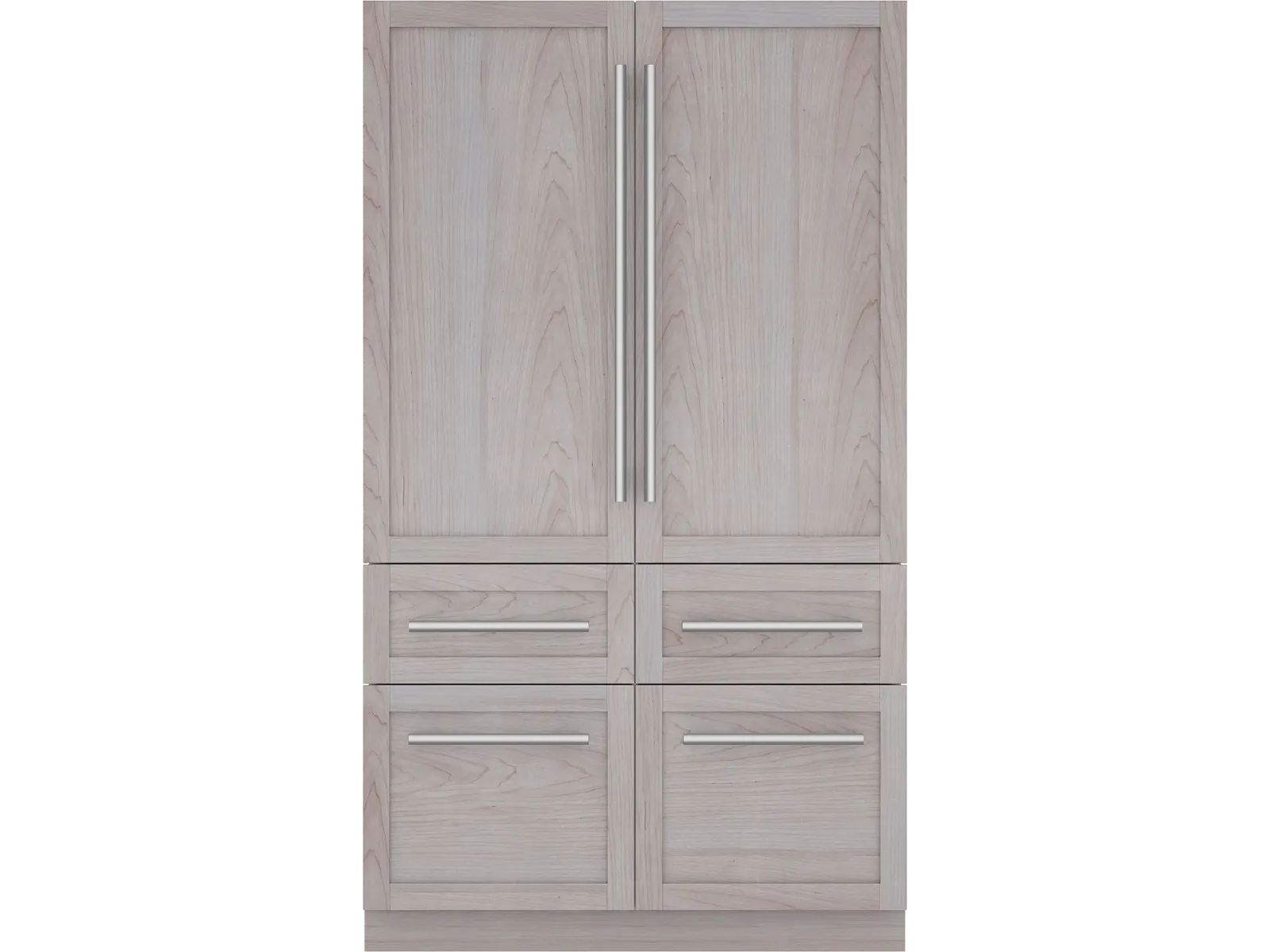 A Thermador 48-inch, panel-ready, bottom-freezer refrigerator with light-wood custom panels and stainless steel handles.