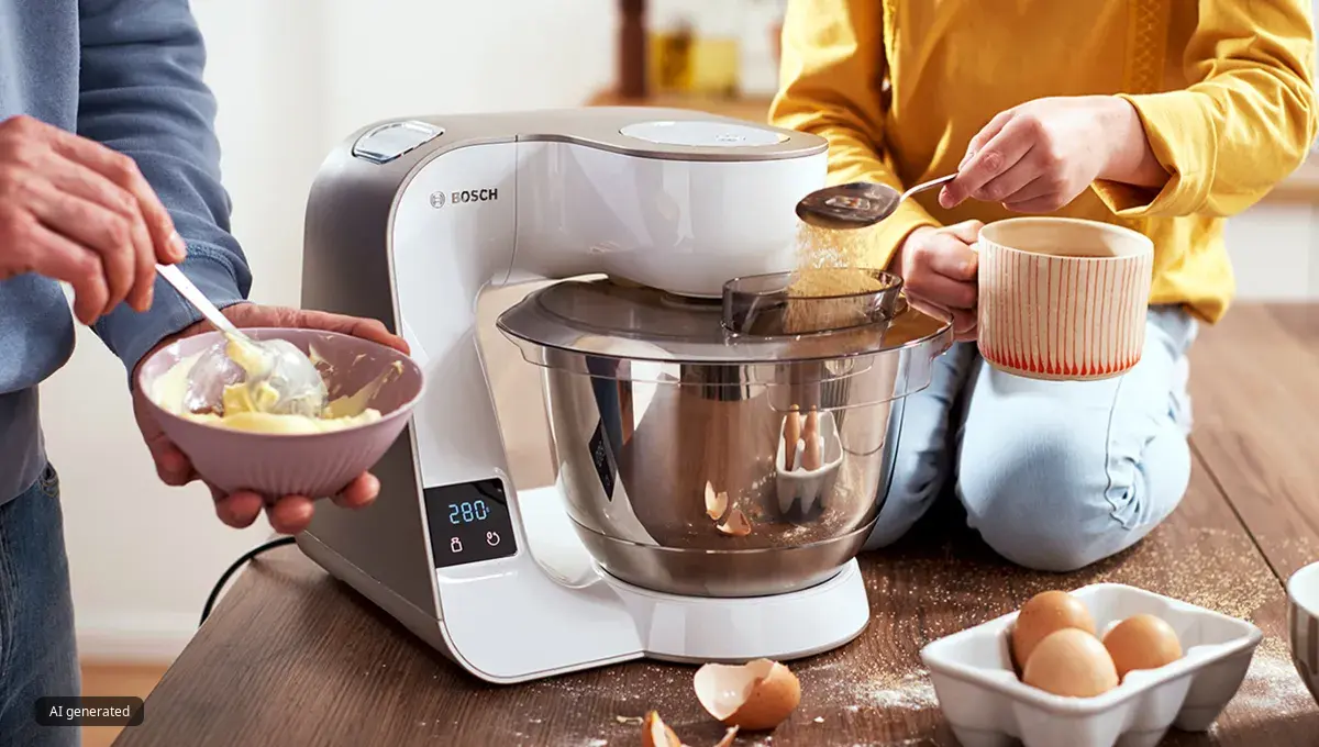 Un genitore e un bambino preparano l'impasto di una torta con un robot da cucina Bosch MUM.