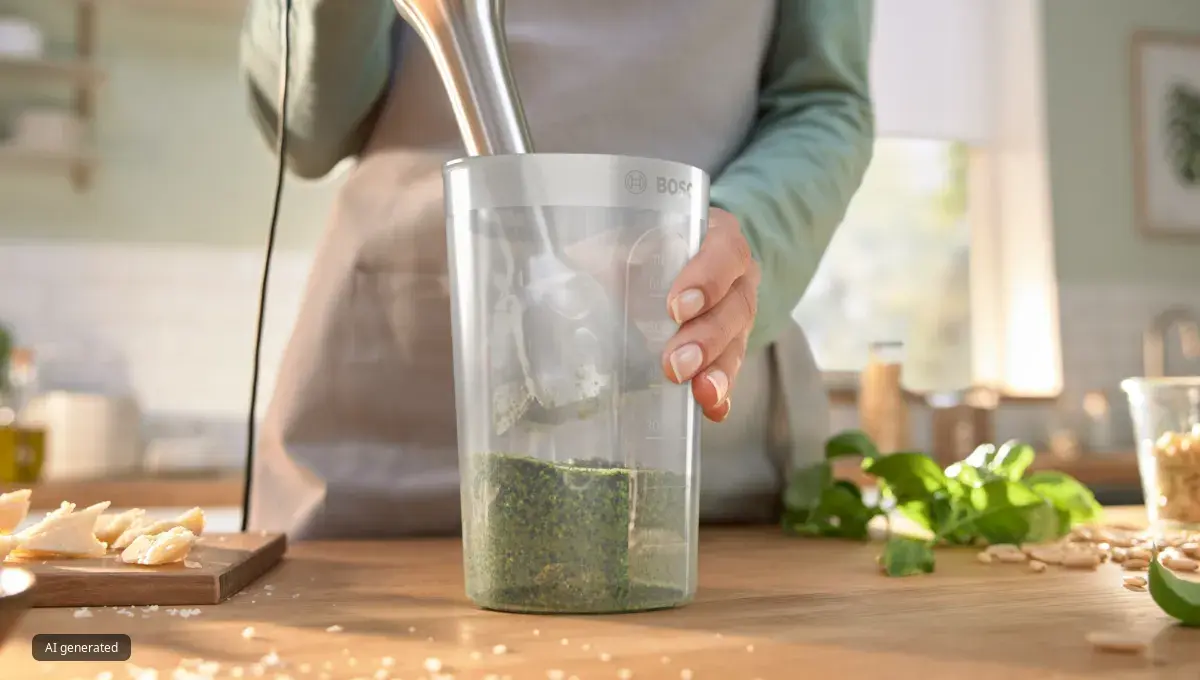 Persona che usa un frullatore a immersione per frullare erbe verdi e altri ingredienti in un contenitore trasparente sul piano di lavoro della cucina.