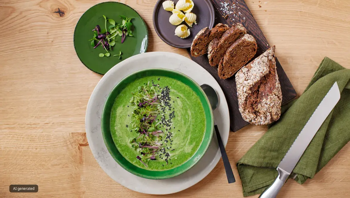 Diversi piatti con una cremosa zuppa verde, erbe aromatiche fresche, baguette integrale appena tagliata e burro.