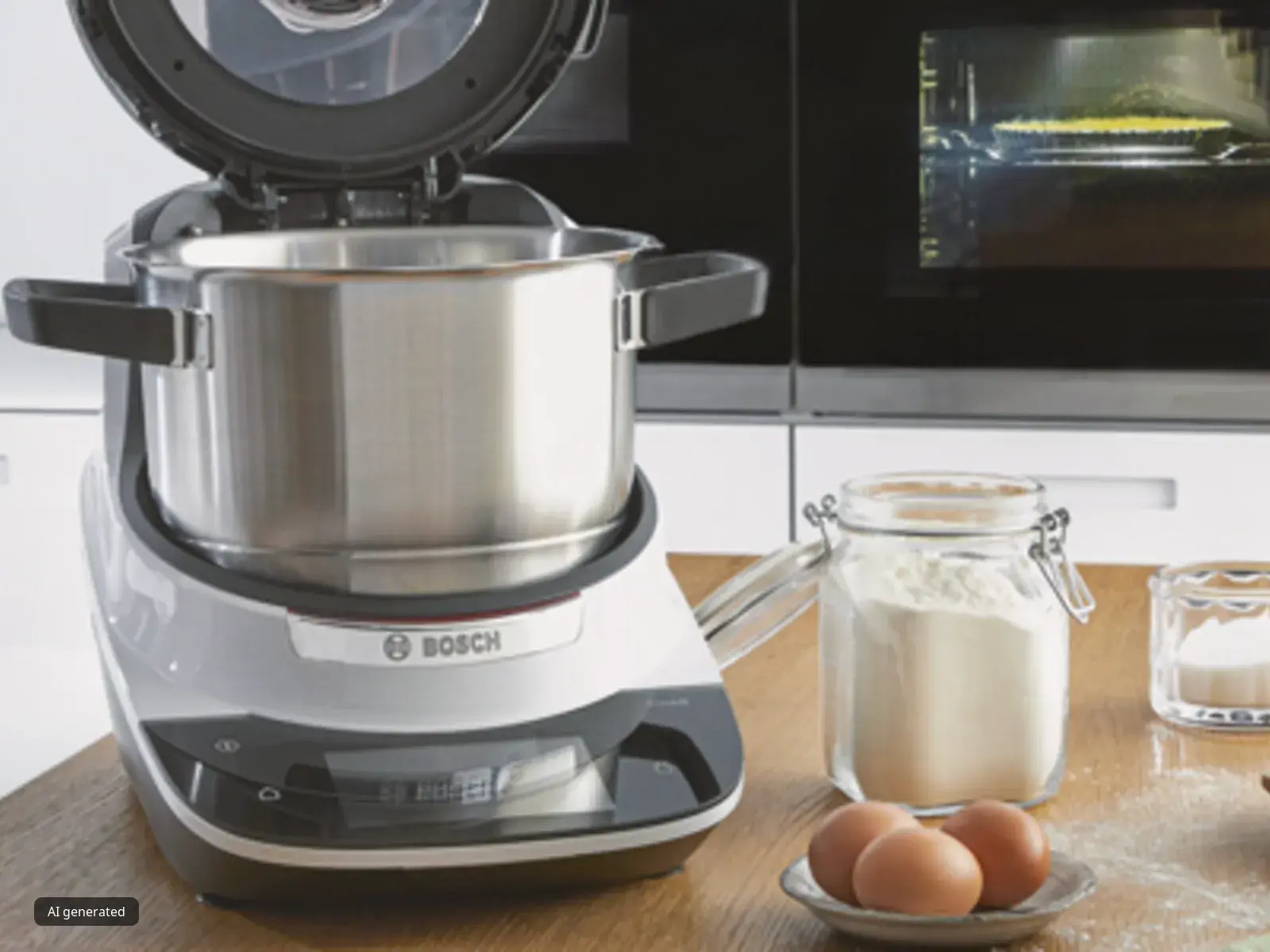 Bosch Cookit s otvorenim poklopcem na radnoj ploči pored jaja, brašna i ostalih sastojaka.