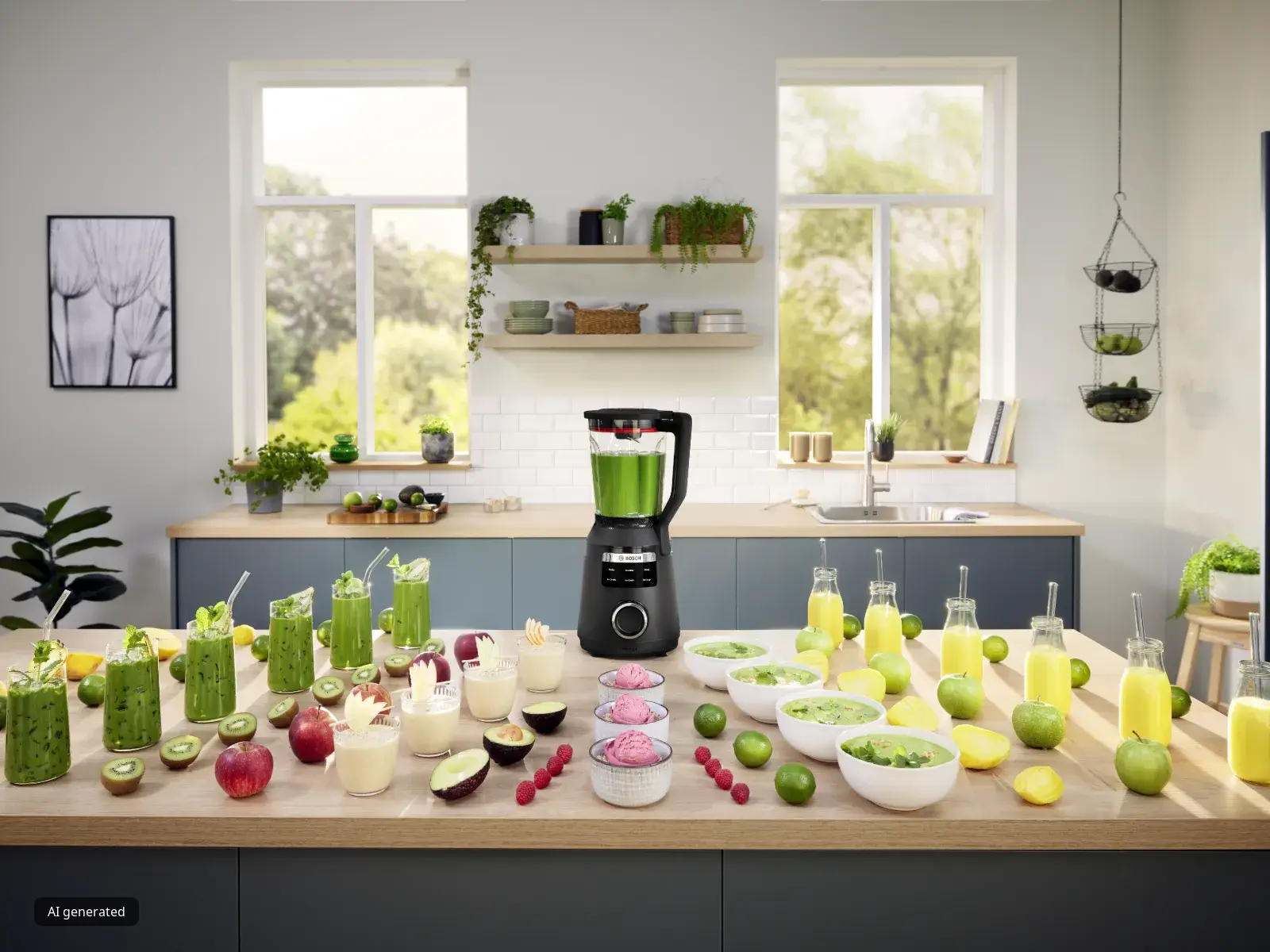 Modern kitchen with blender on island surrounded by various fresh fruits, vegetables, and smoothies in glasses and jars.