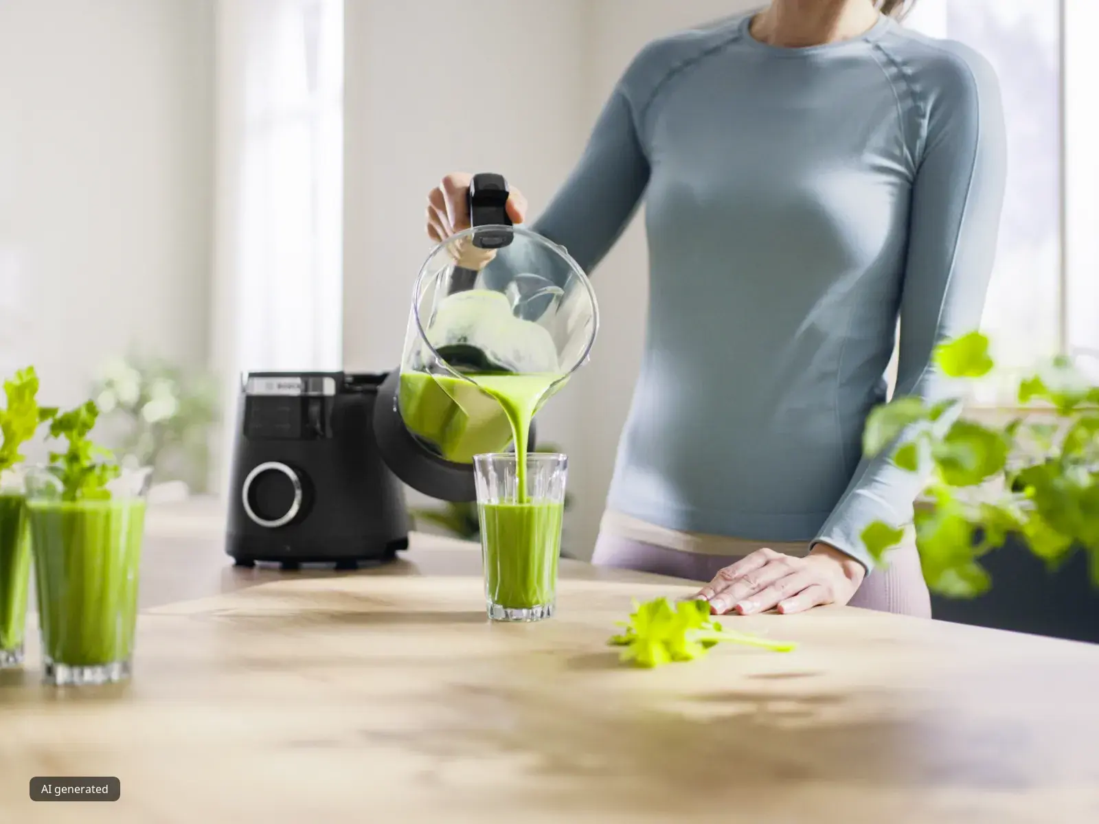 Osoba u plavoj košulji dugih rukava lijeva zeleni smoothie iz blendera u čašu na kuhinjskom pultu pored svježeg celera.
