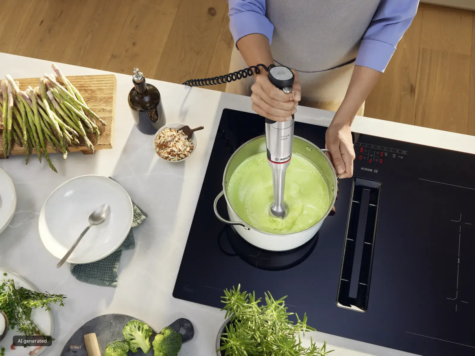 Persona che usa un frullatore a immersione per frullare una zuppa verde in una pentola su un piano cottura a induzione in cucina.