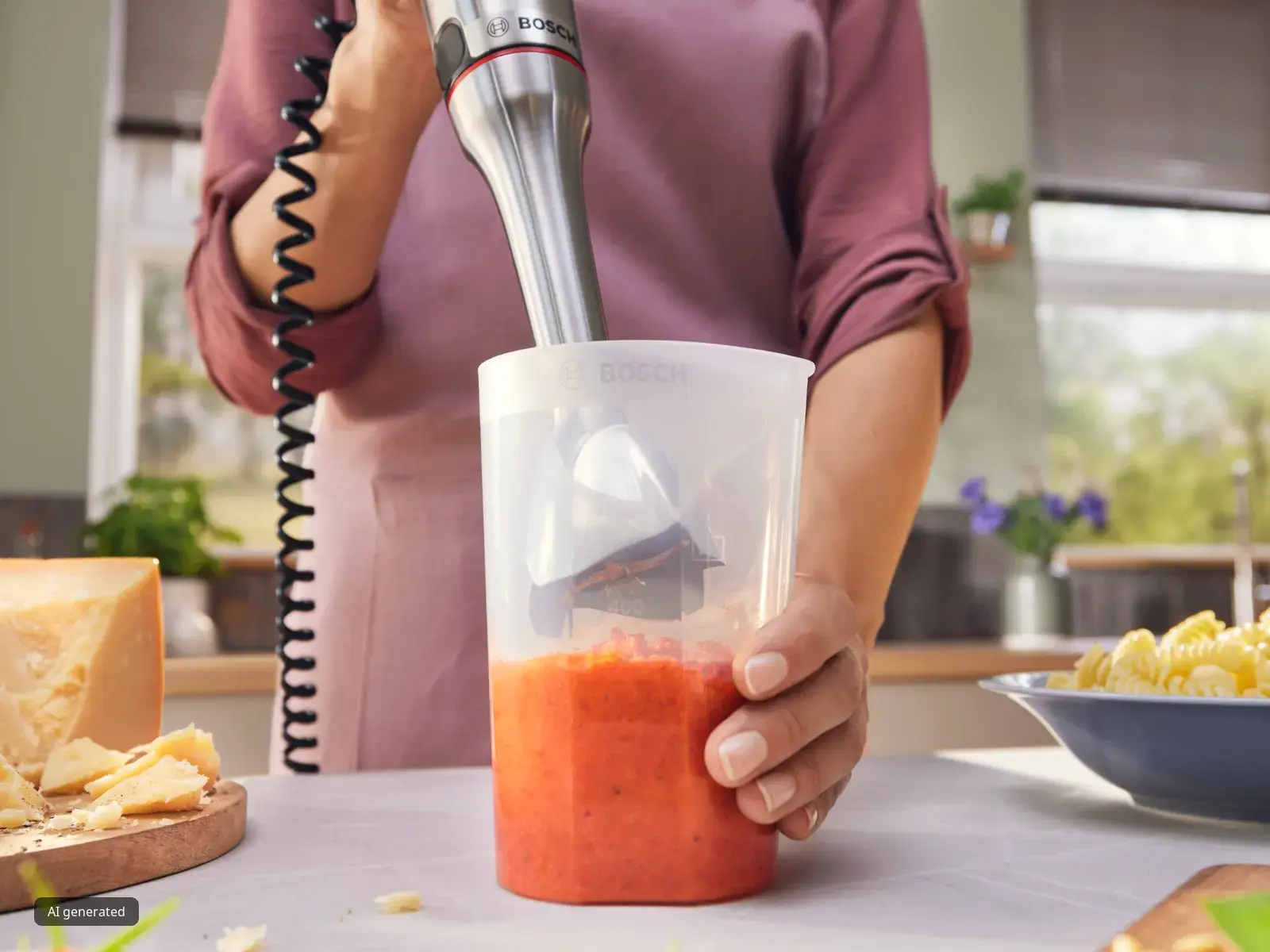Person blending tomatoes in a measuring cup using an immersion blender in a kitchen setting.
