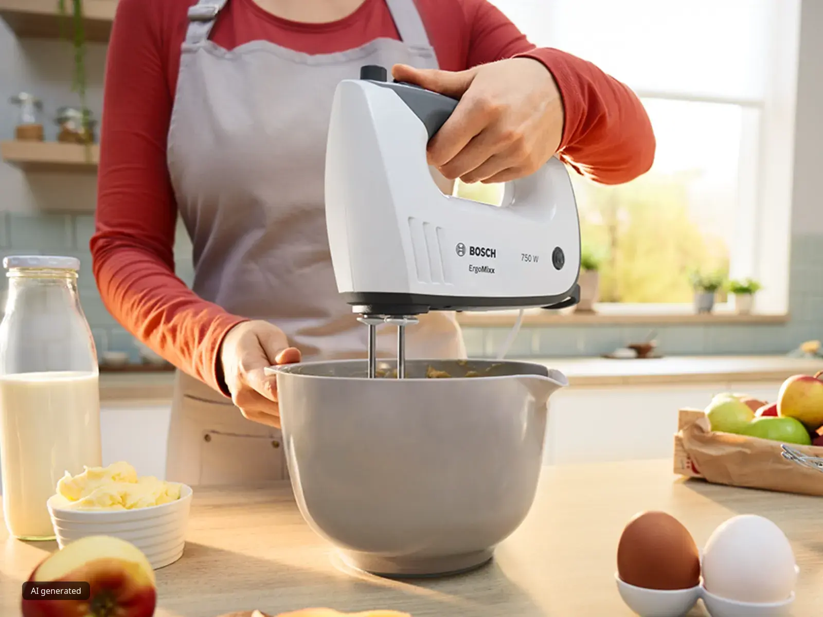 A Bosch hand mixer being used to beat something in a white bowl.
