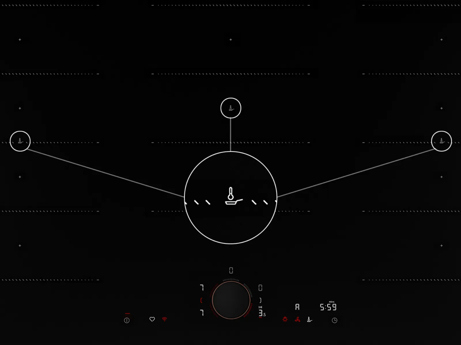Black glass induction cooktop with a bridged cooking zone: central outlined circle showing a pan and thermometer icon linked to three smaller circles; touch controls at the bottom include a rotary dial, function icons, and a digital display reading 5:59.