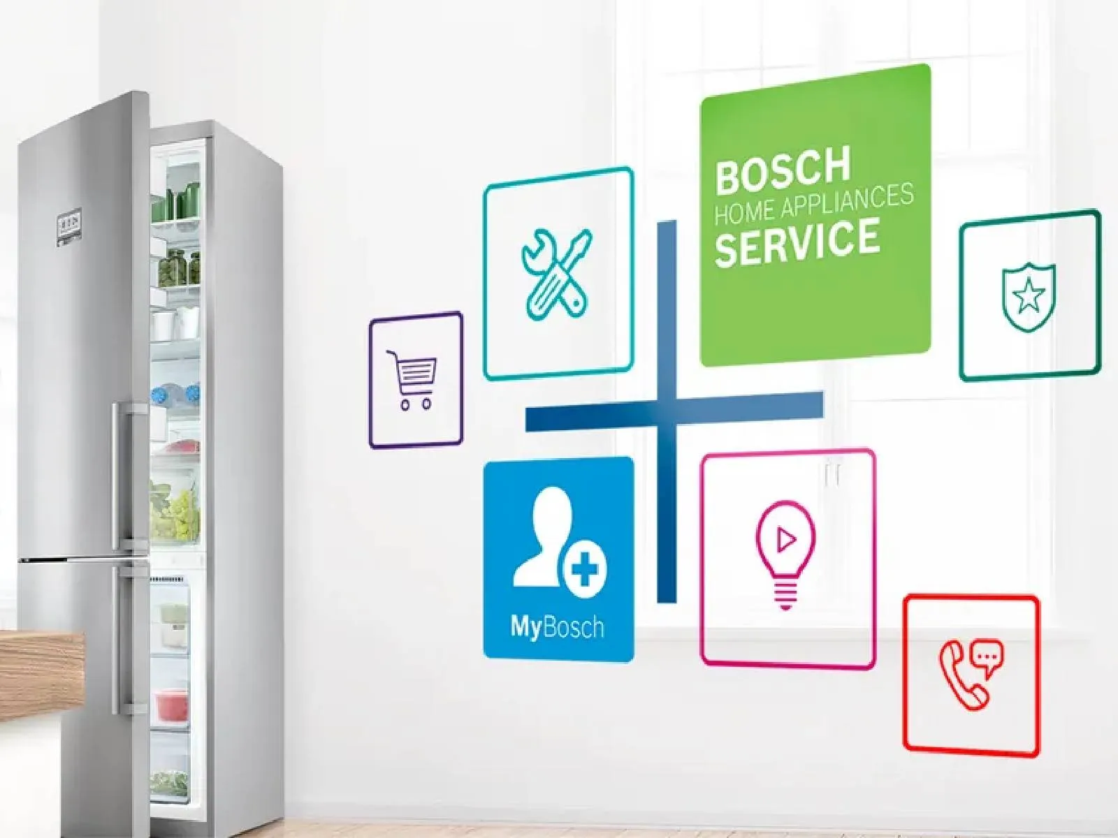 Frigorífico com ícones de serviço Bosch, incluindo carrinho de compras, chave e símbolos de perfil de usuário.