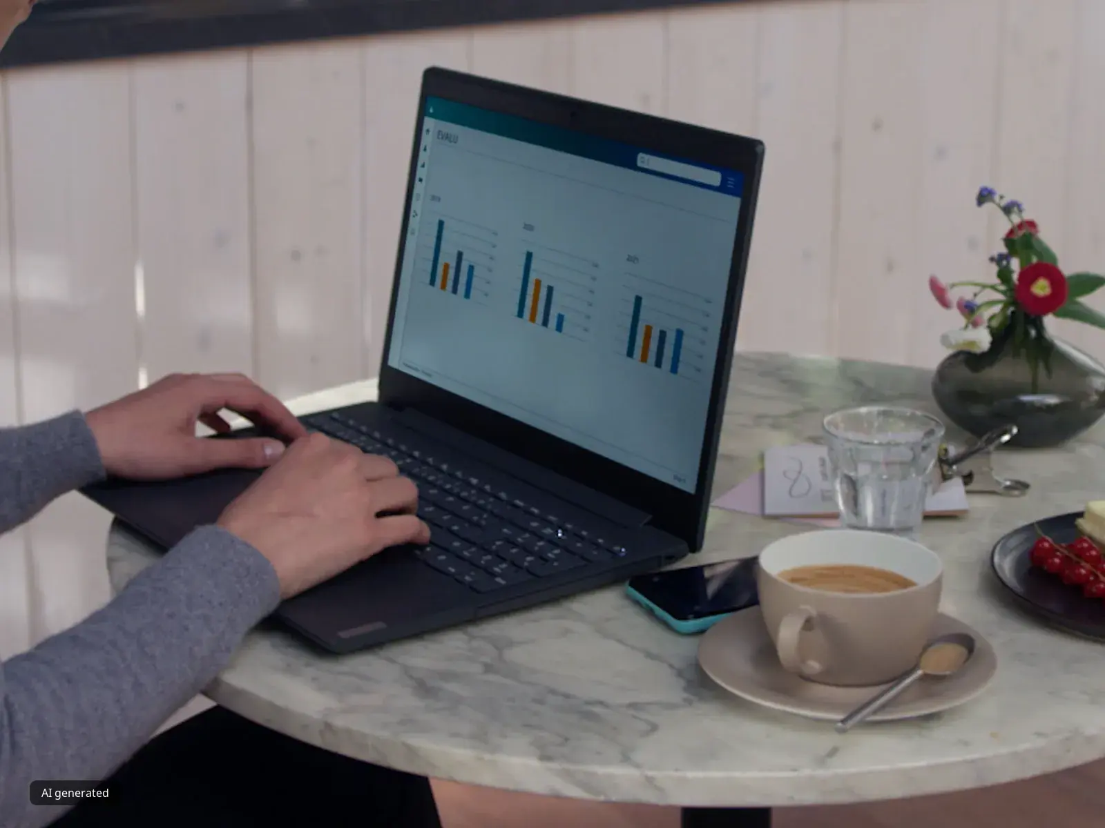 Person working on laptop with charts, coffee, and dessert on a marble table.
