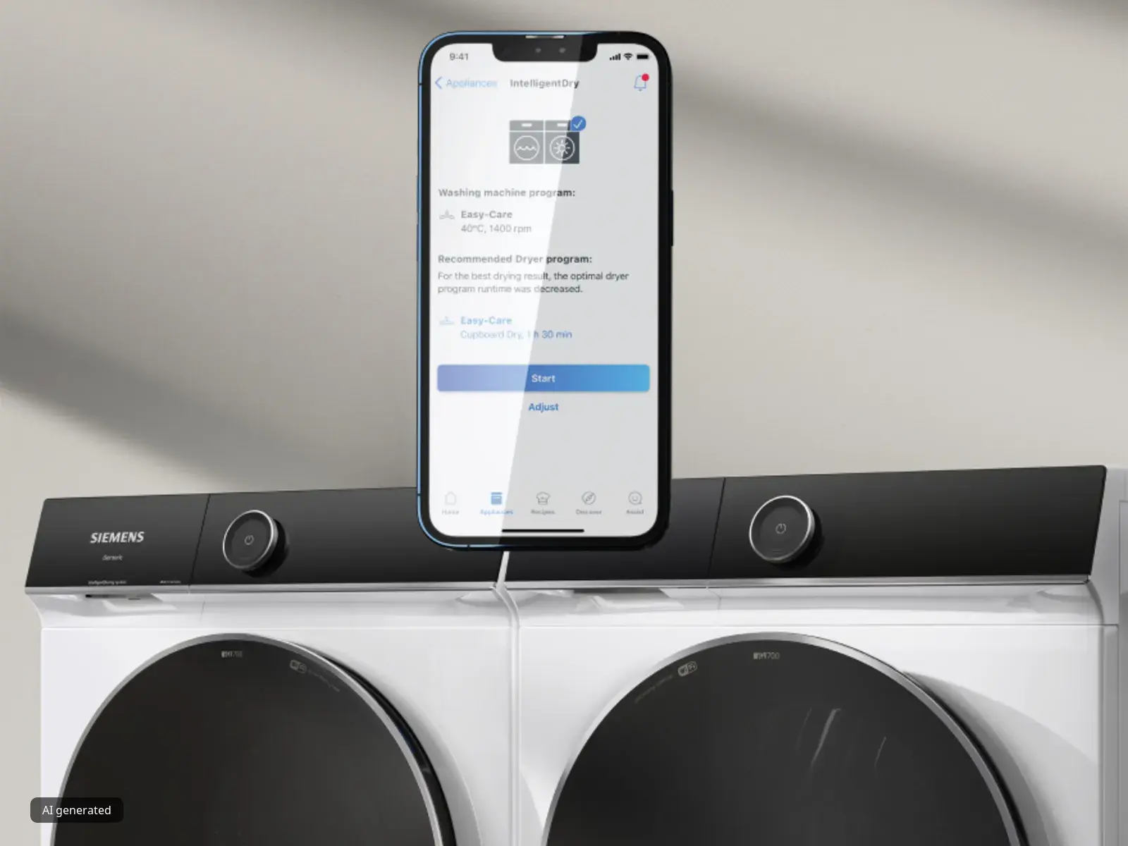Smartphone on top of washing machine, displaying app interface, with speakers on either side.