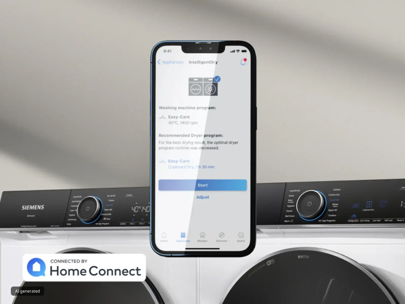 Un'inquadratura di uno smartphone che mostra l'app Home Connect, con dispositivi audio e un elettrodomestico Siemens sullo sfondo.