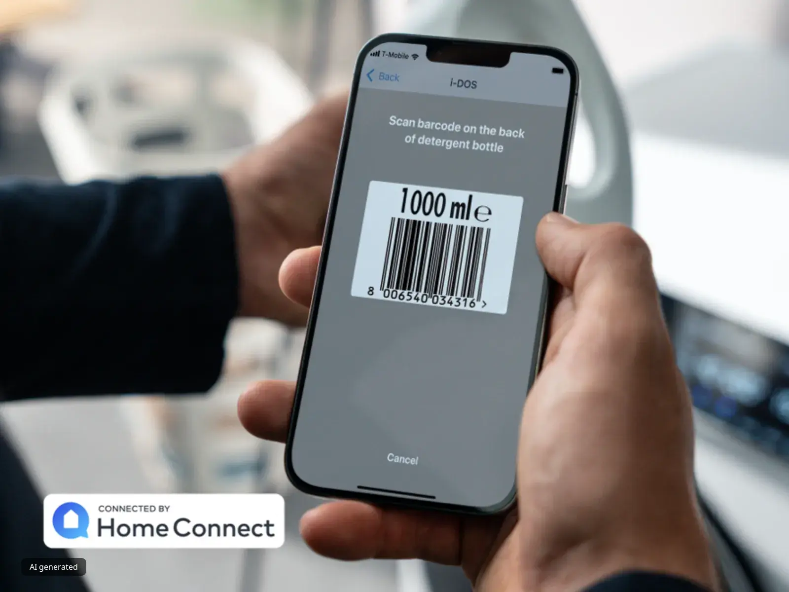 Un'inquadratura ravvicinata di uno smartphone, tenuto tra le mani, che mostra sullo schermo un codice a barre e il testo "1000 ml c.".