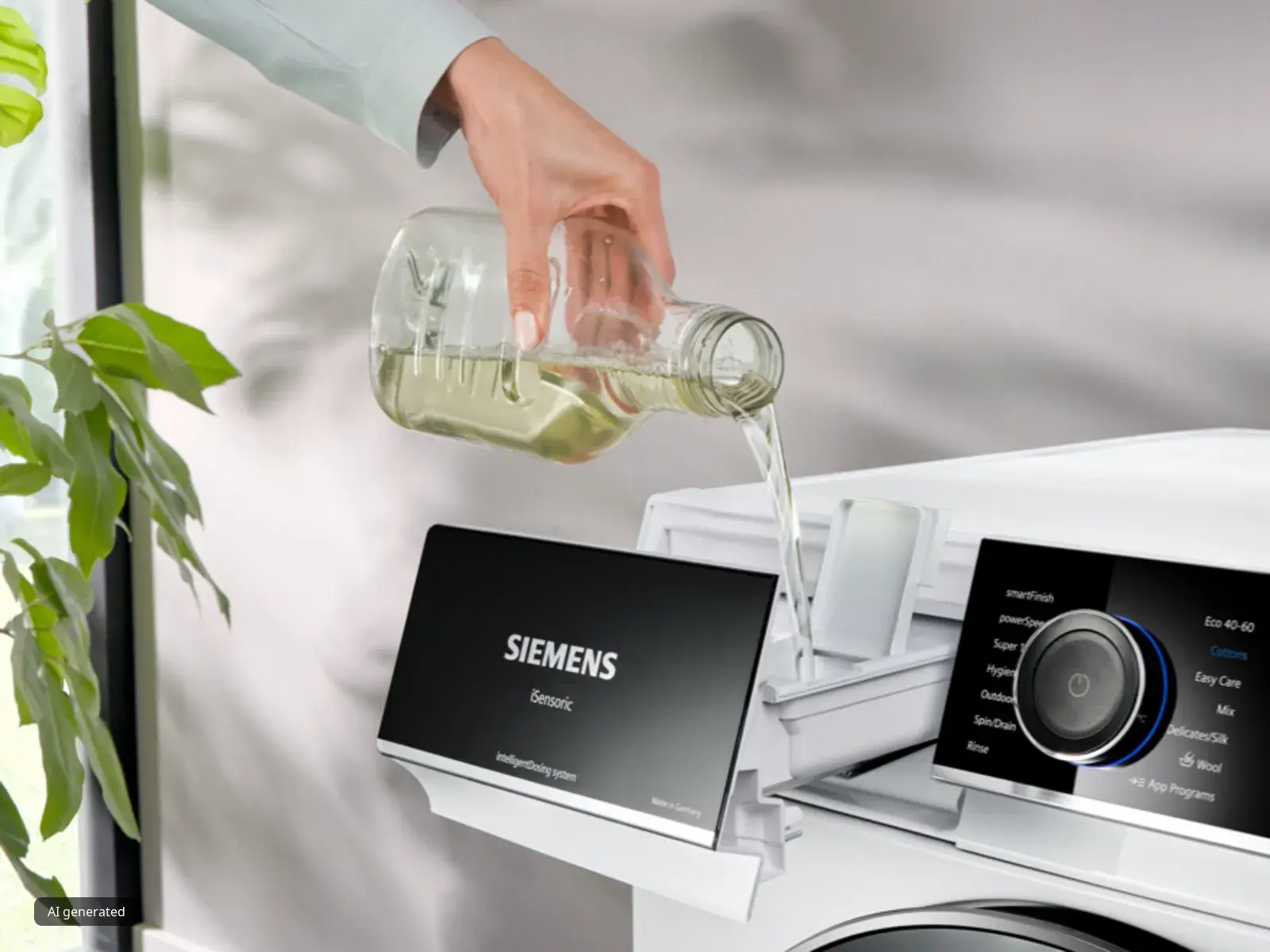 Mano versa del detersivo liquido nella vaschetta della lavatrice, un elettrodomestico Siemens, una pianta verde, interni moderni.
