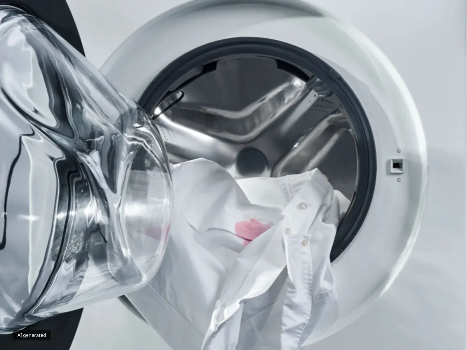 L'oblò aperto di una lavatrice con all'interno capi d'abbigliamento e detersivo.