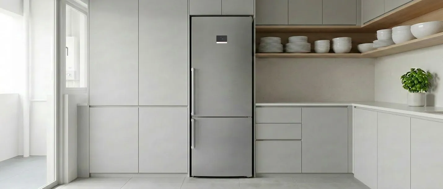 A bright, modern kitchen featuring white cabinets, light wood countertops and flooring, stainless steel appliances including a refrigerator and built-in oven, a breakfast bar, and a dining area with a round table.