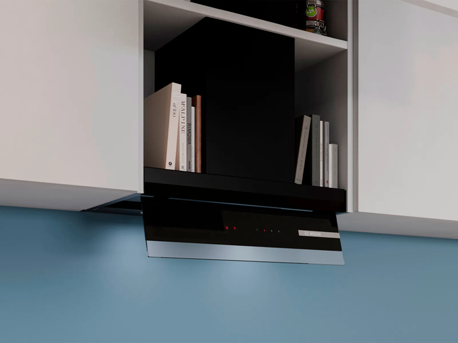 Bosch chimney hood integrated into kitchen cabinetry with books and a can for decoration.