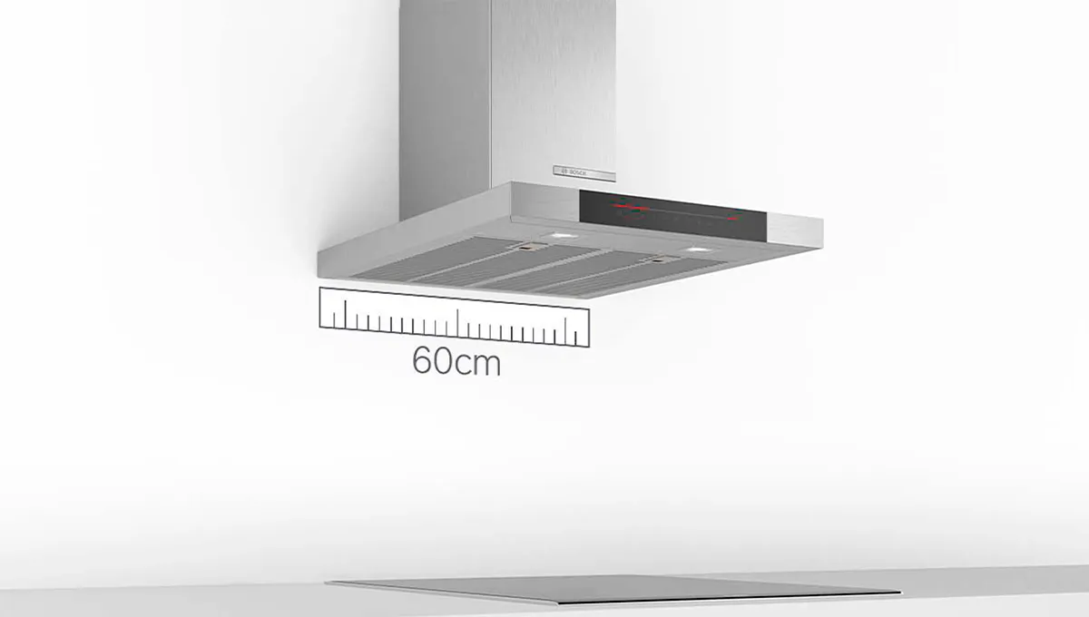 Bosch wall-mounted stainless steel cooker hood with LED lights, measuring 60 cm wide.