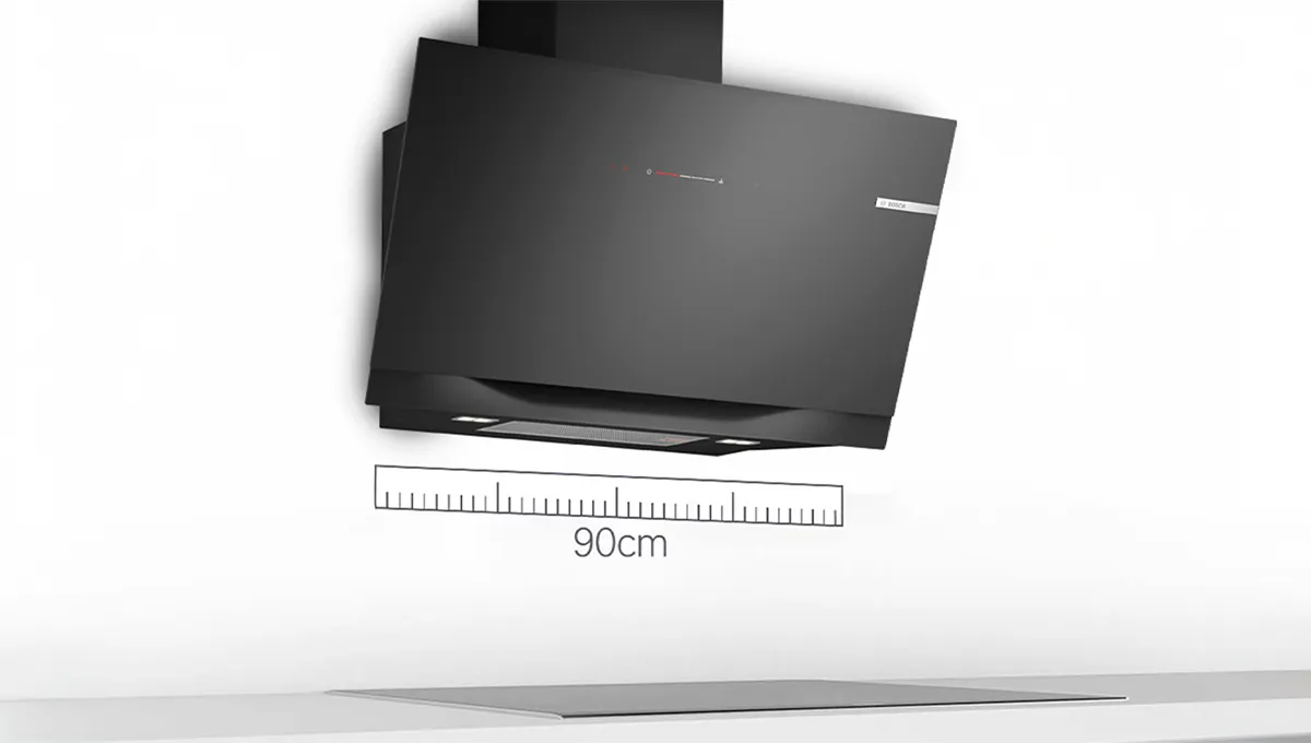 Black Bosch wall-mounted kitchen hood, 90cm wide, with touch controls and LED lighting.