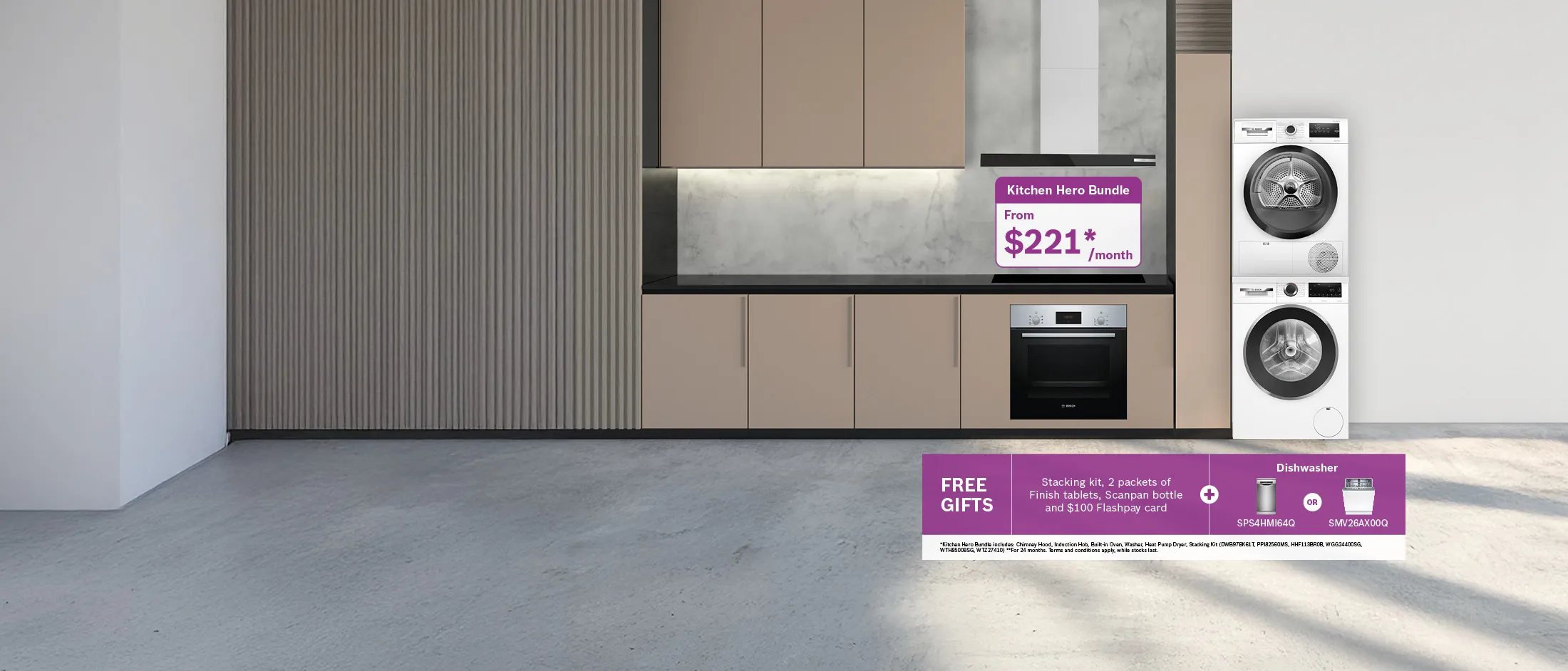 A modern kitchen interior featuring light brown cabinetry and a grey slatted wood wall panel alongside an advertisement for a "Kitchen Hero Bundle"