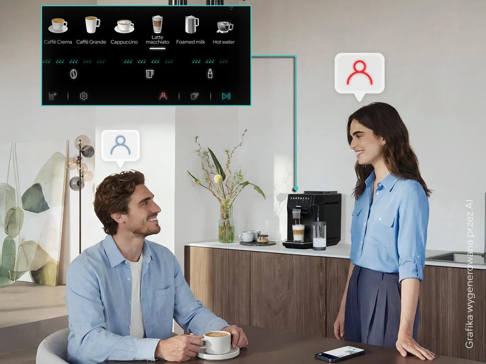 Man and woman are enjoying a cup of coffee with the Siemens EQ500 iAroma in the back on the counter.