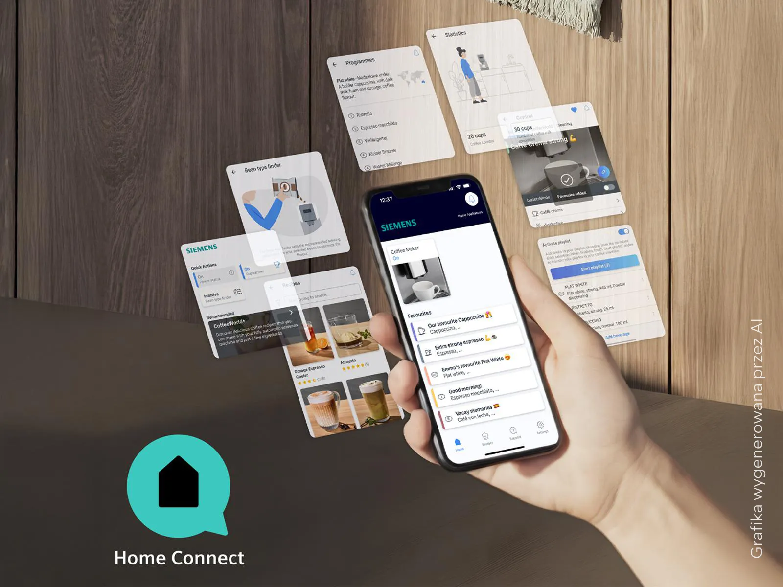A hand holds a smartphone with the Siemens Home Connect App on it, showing various ways it can help make coffee.