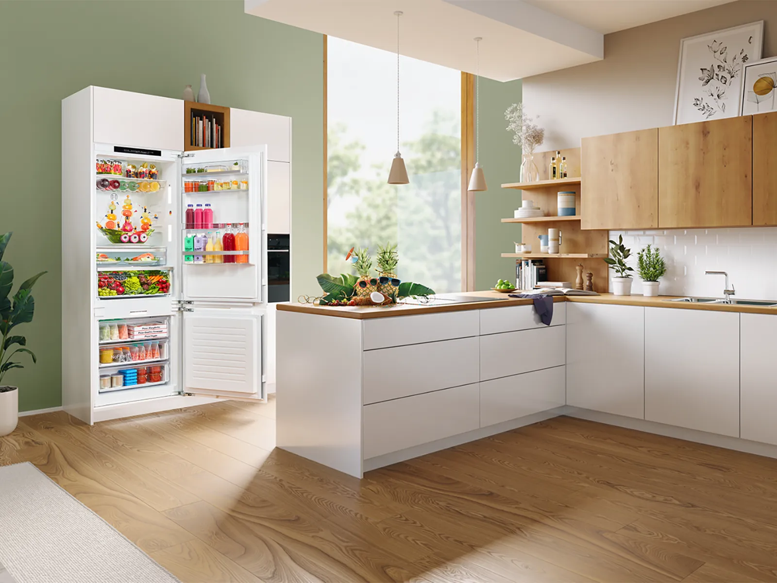 Modern kitchen with white cabinets, wooden floors, and a large refrigerator.