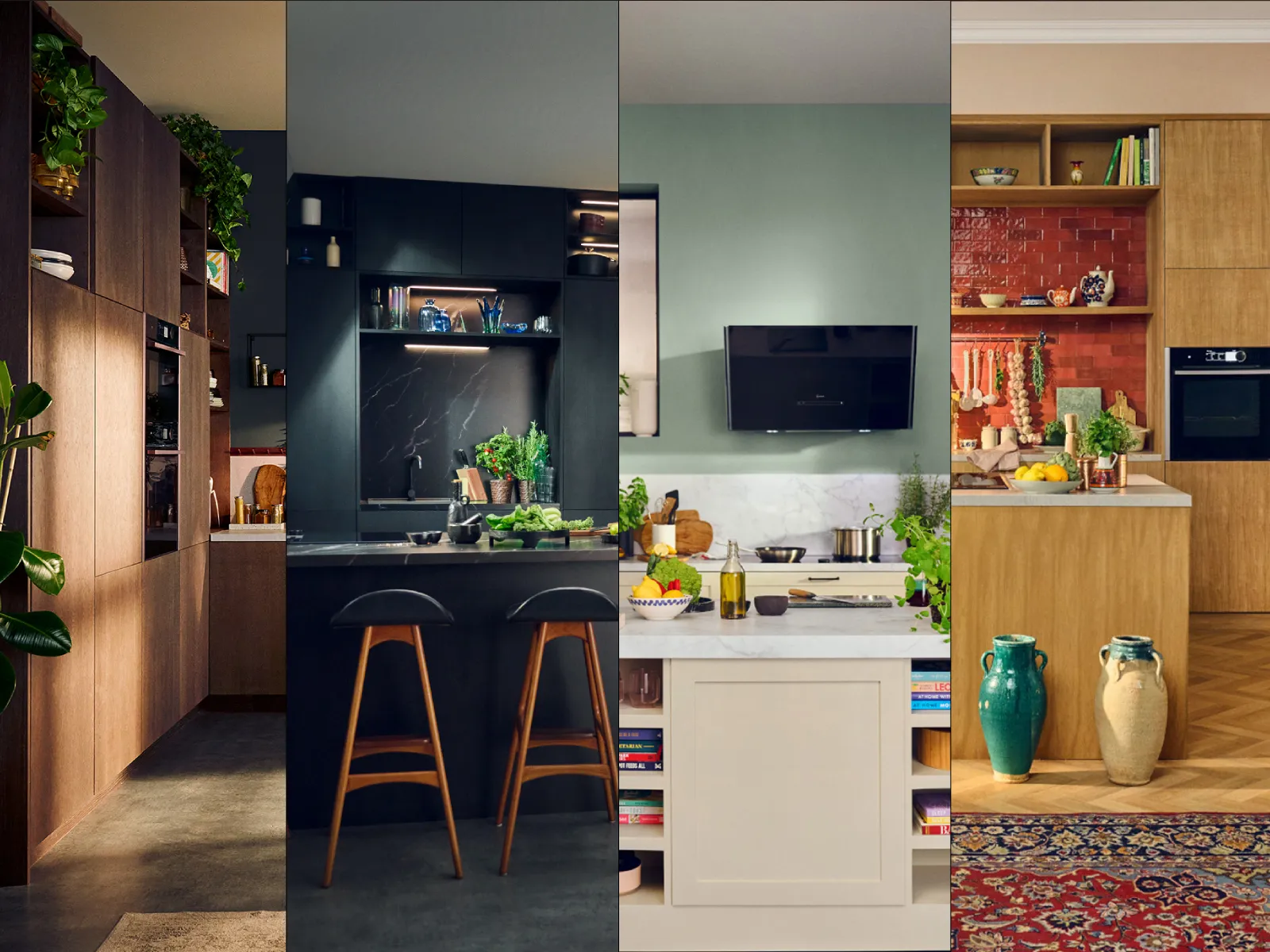 Four vertical kitchen panels: warm wood cabinetry with integrated appliances and plants; sleek black kitchen with built-in ovens, black island and two stools; bright pale-green wall with marble island, stainless oven hood and cooktop; cozy wood kitchen with red tile backsplash, built-in oven, open shelving and ceramic vases.