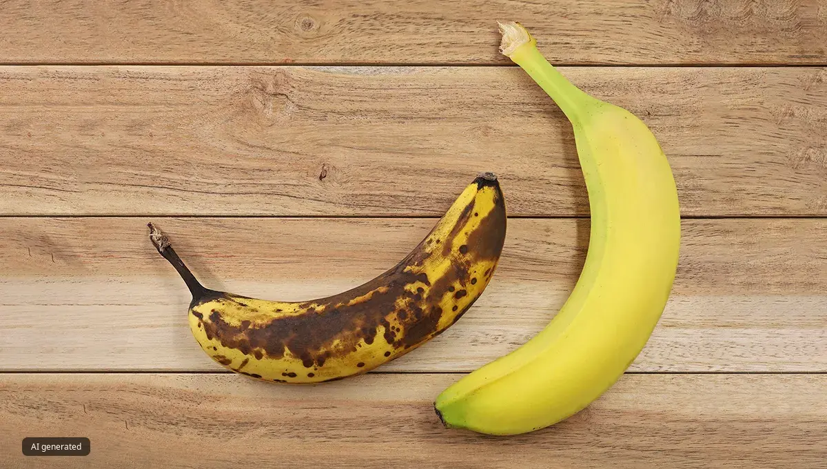 Light yellow banana next to a riper brown banana with skin on.