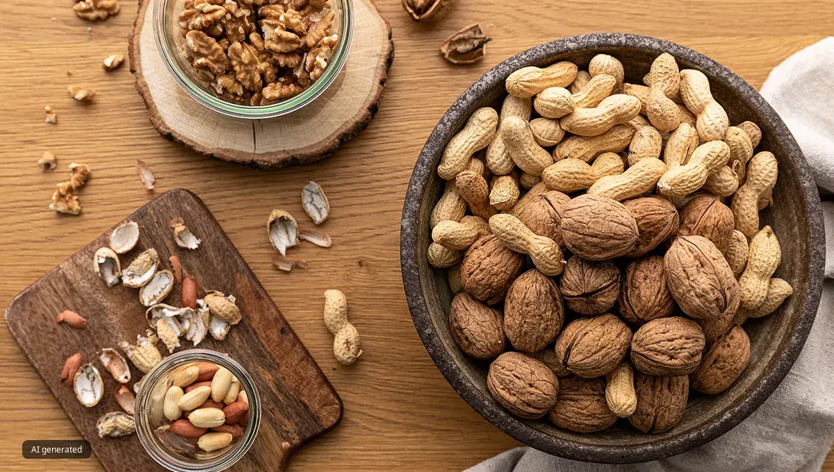 A range of nuts including peanuts in shells in a bowl and on  a chopping board.