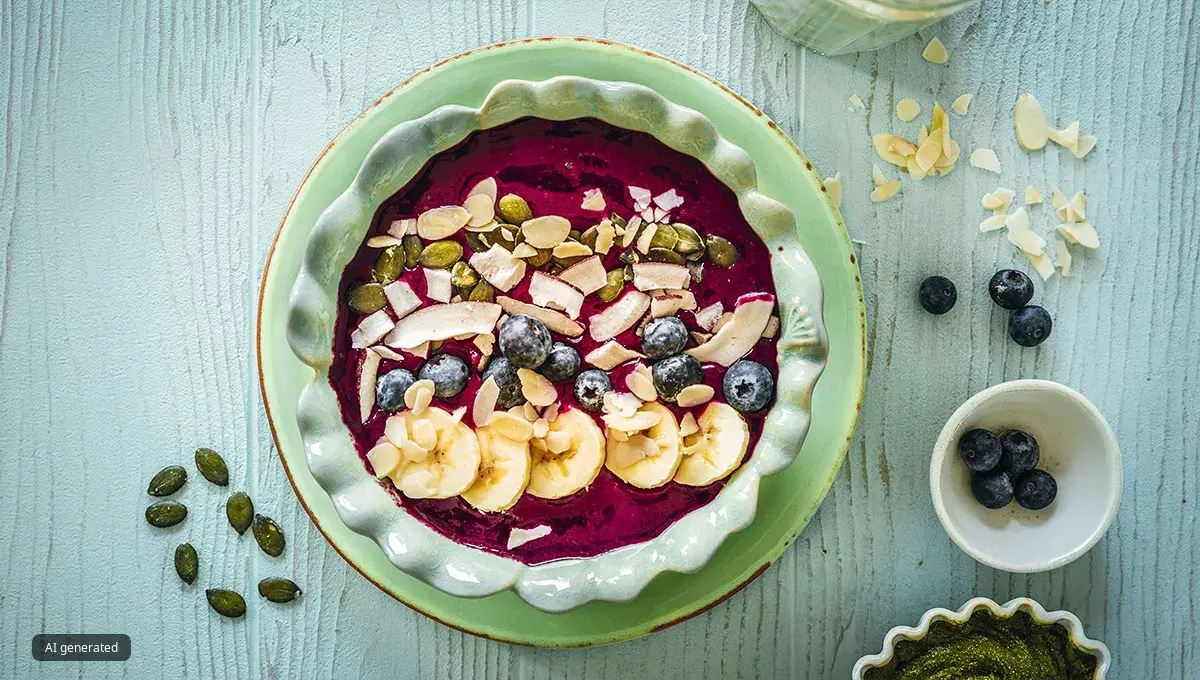 Ceramic bowl with açai smoothie bowl, topped with banana slices, blueberries, almond flakes, pistachio nuts and pumpkin seeds.