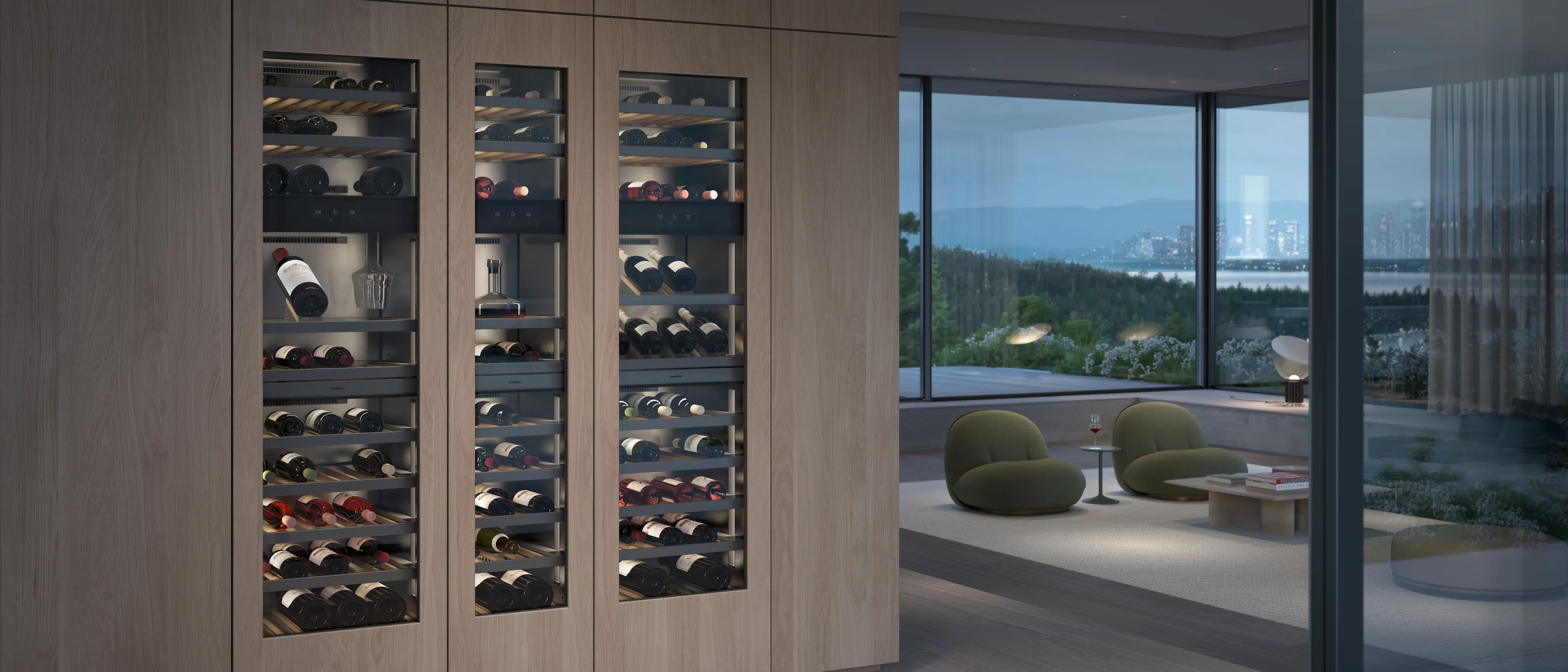 Three Gaggenau Vario cooling expressive series wine climate cabinets in a luxury kitchen