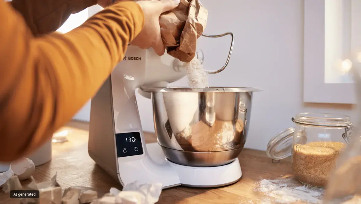 Person uses Bosch stand mixer in a kitchen, with ingredients like blueberries and butter nearby.