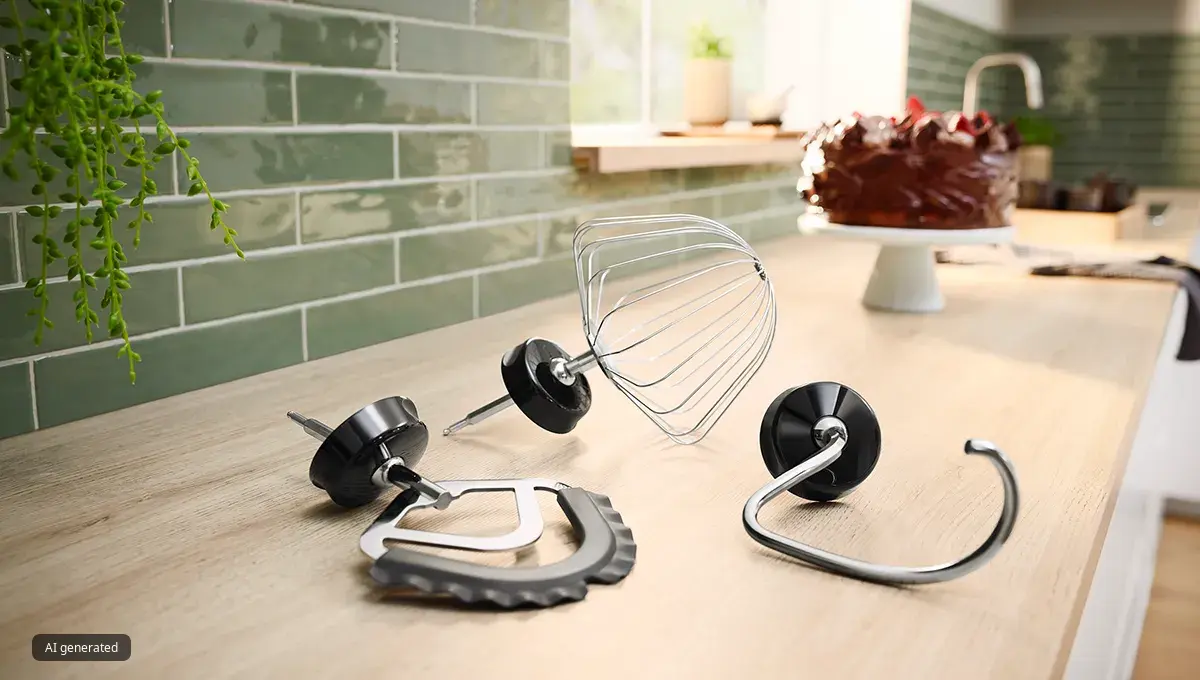 Beating whisk, dough hook and flexxible stirring whisk on a kitchen counter.