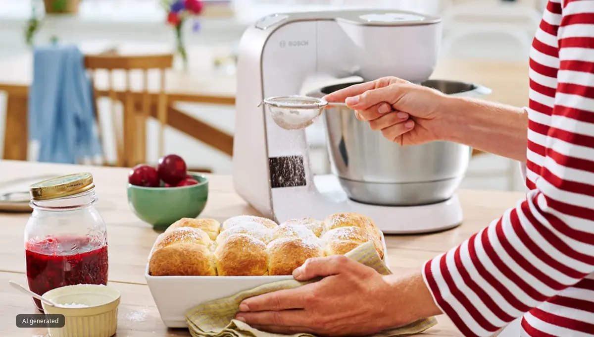 Person dusts sugar on bread rolls beside a Bosch mixer on a wooden table with fruit and jam.