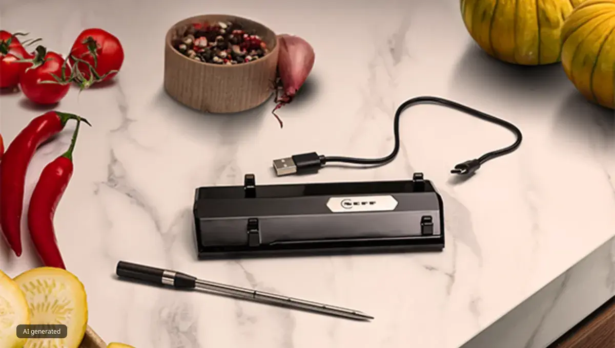 A black smart thermometer base, probe, and USB cable on a marble counter with fresh vegetables and spices.