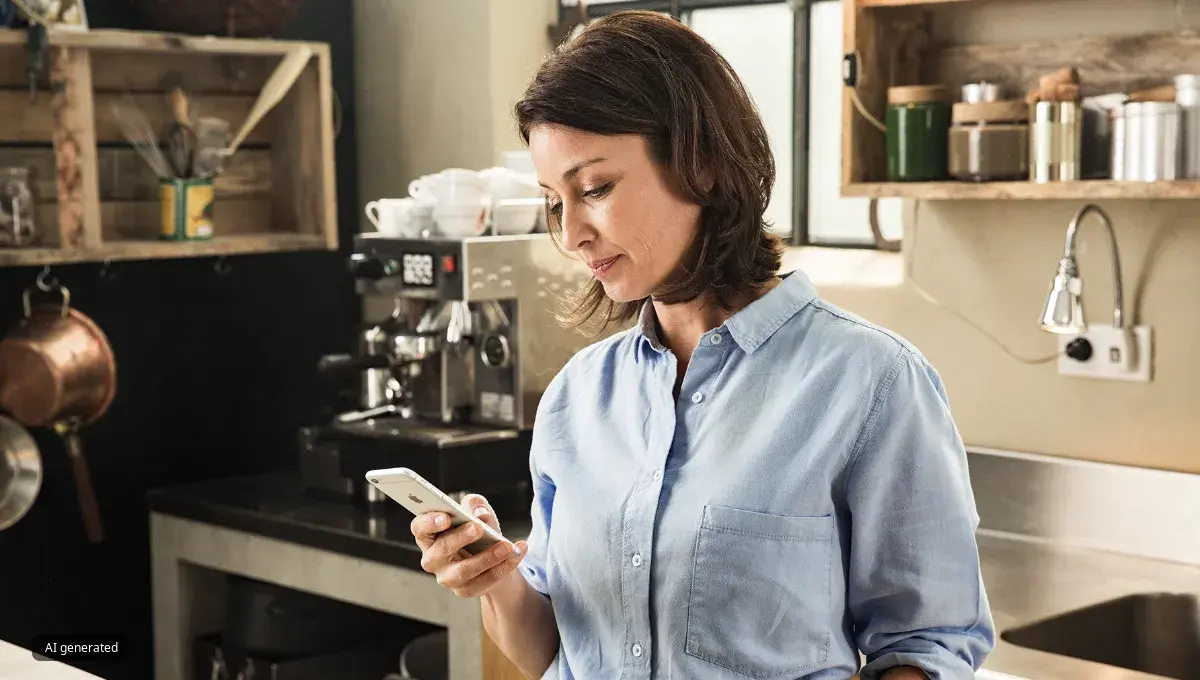 A woman in a kitchen looking at her phone. An espresso machine and rustic shelves are in the background.