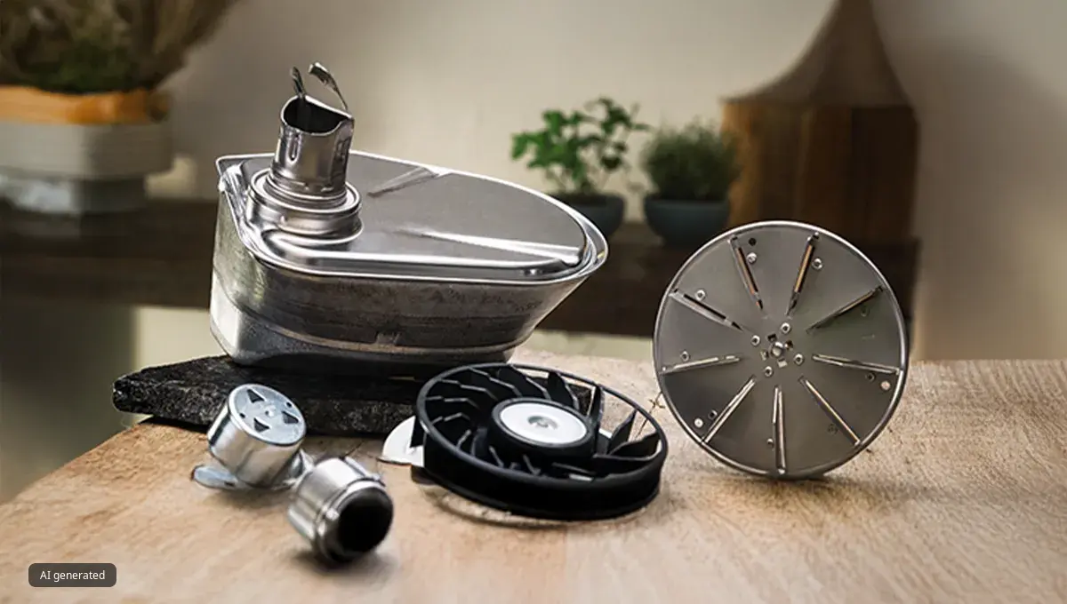 Various metal and plastic appliance components, including a reservoir, blade, and fan, on a wooden surface.