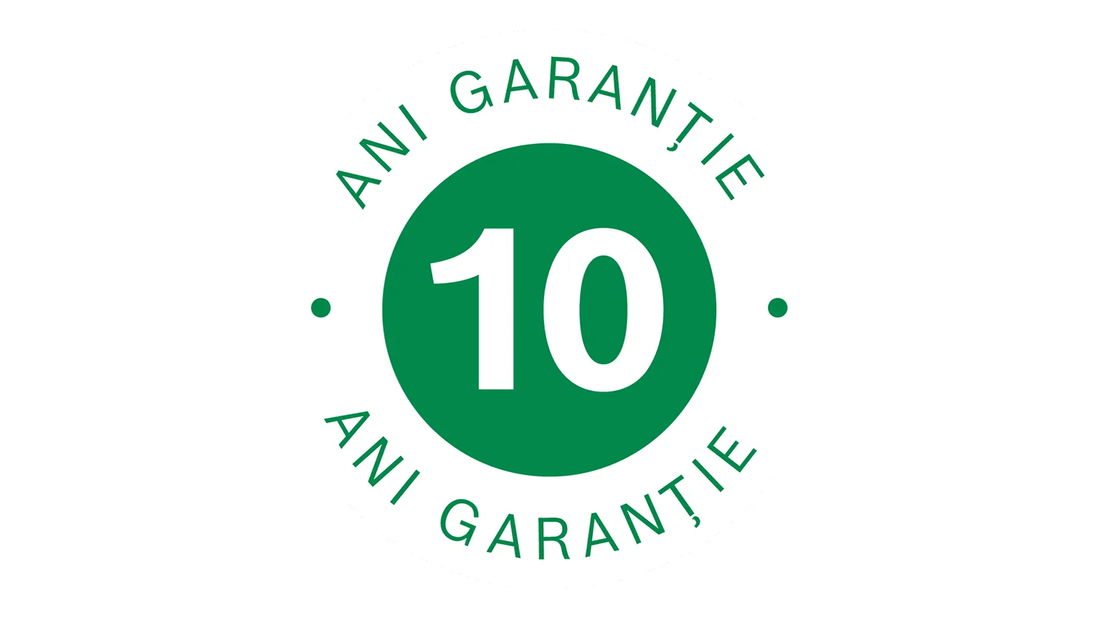 Siglă de culoare verde cu textul "10 ani garanție"