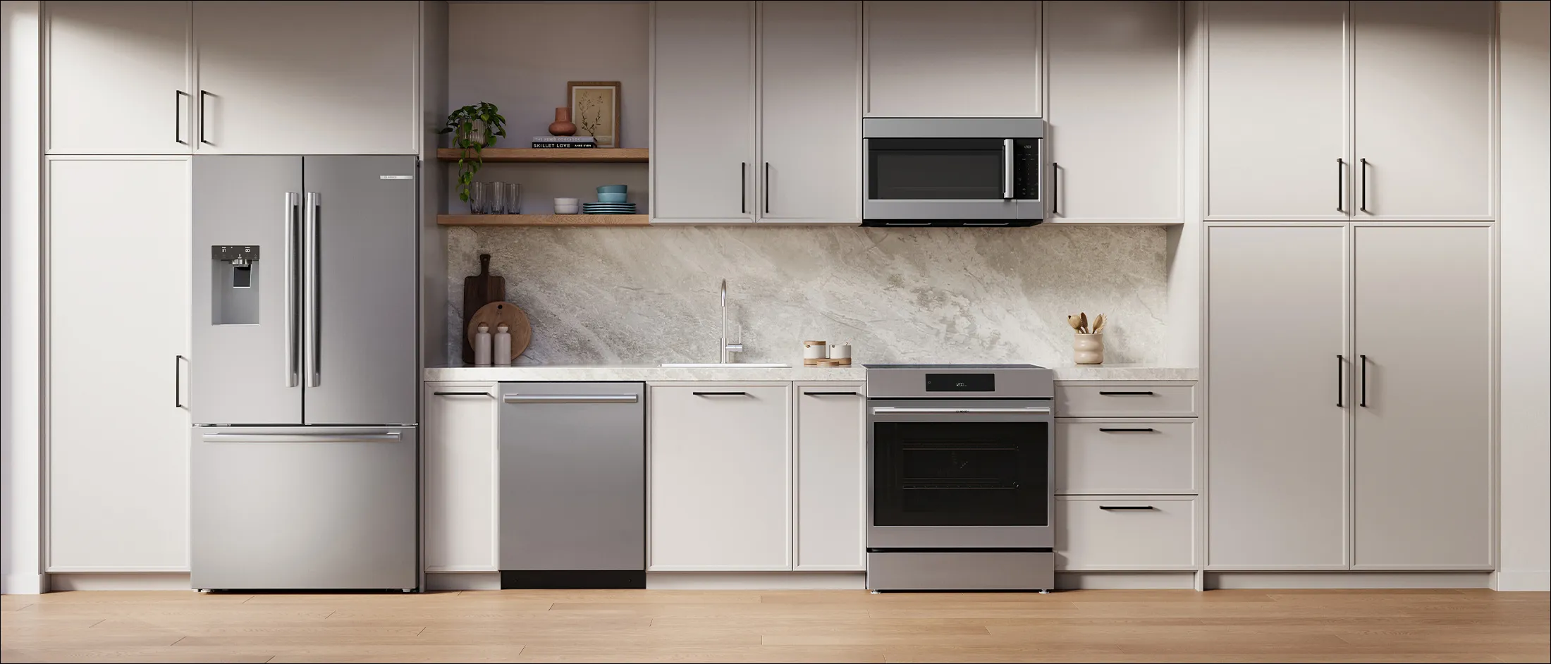 Modern kitchen interior with stainless steel refrigerator, dishwasher, oven, microwave, white cabinets, wooden shelves, and marble backsplash.