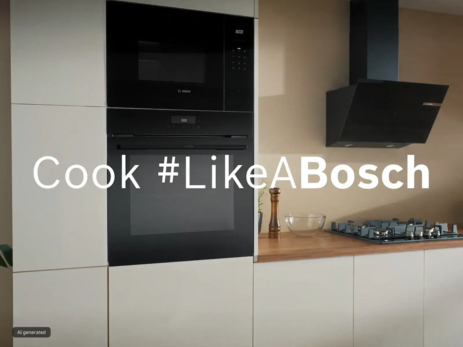Modern kitchen with built-in Bosch microwave, oven, range hood, and gas hob. Text: "Cook #LikeABosch".