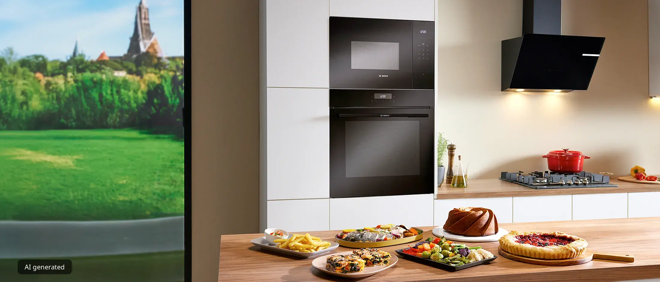 A sleek kitchen showcases a Bosch oven and stovetop, surrounded by seafood, vegetables, and desserts on a warm wooden countertop.