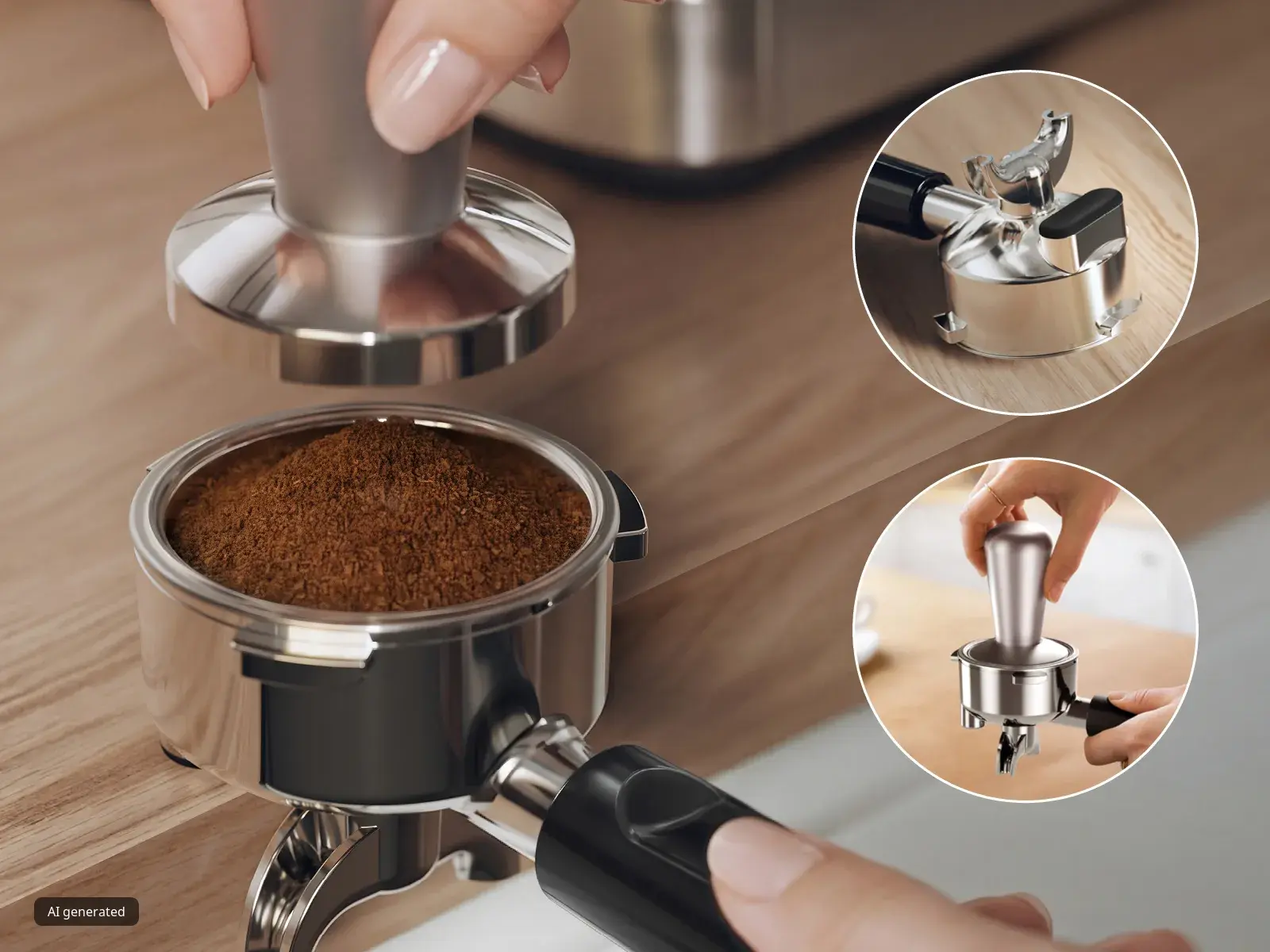 A hand tampers the ground coffee in the HomeCafé Series 4 58mm portafilter. Close-ups in the image show the portafilter from underneath and how to tamp.
