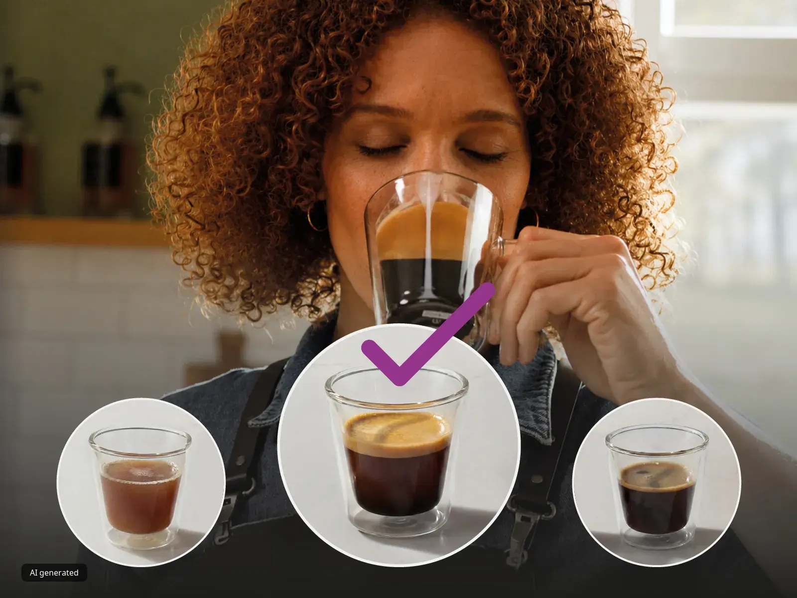 A woman smells a cup of coffee, which is perfectly extracted according to examples that are shown in the image.