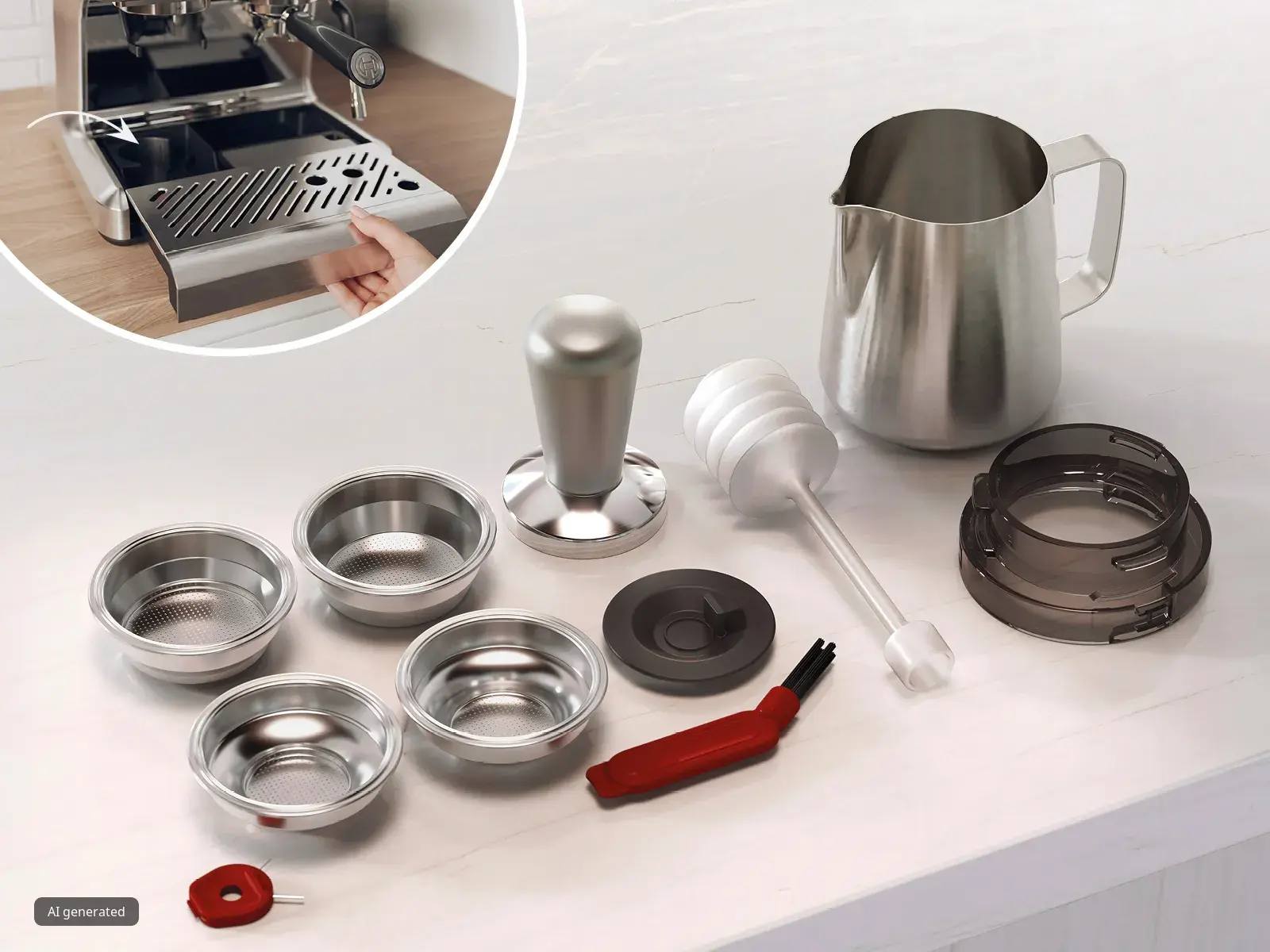 Bosch HomeCafé Series 4 are accessories displayed on a kitchen counter, with a close-up of the internal storage of the espresso machine.
