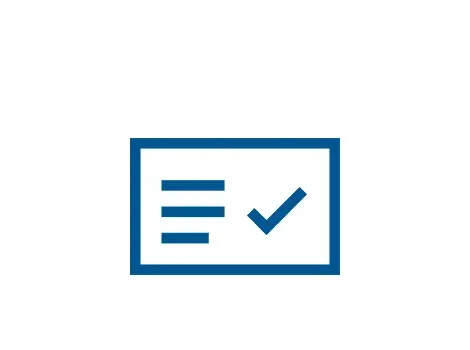 Pictogramă listă de verificare cu cadru albastru și semn de verificare, reprezentând o sarcină sau verificare finalizată.